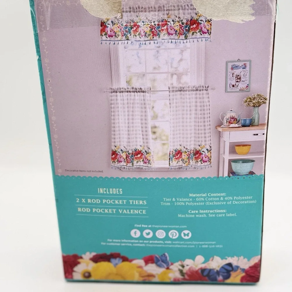 Pioneer Woman Window Curtain Set 30x36 Tiers 60x14 Valance Sweet Romance # 6610